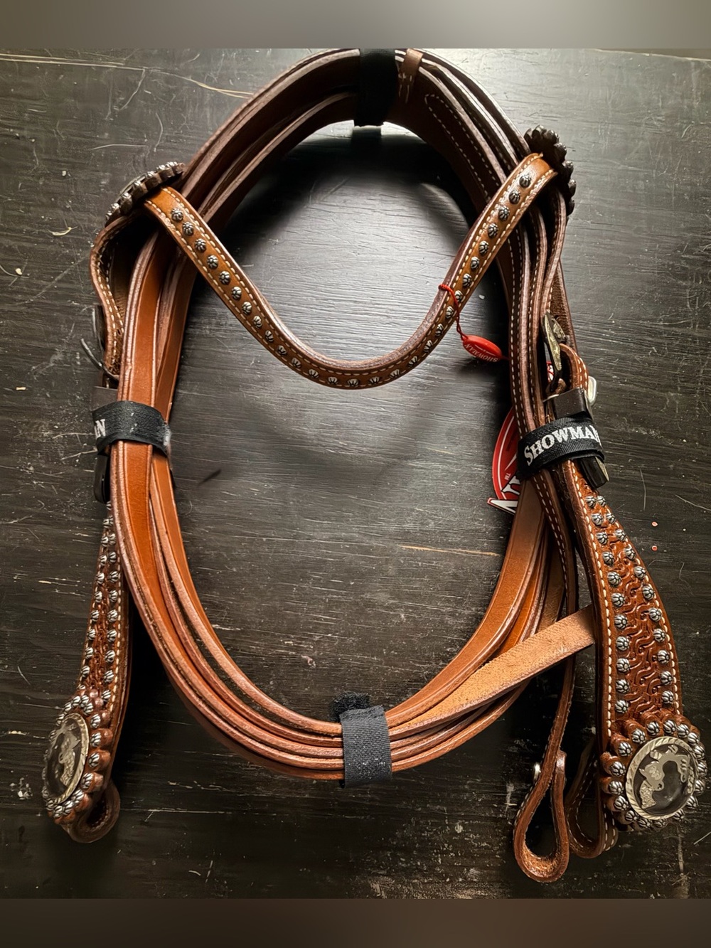 Western Studded Leather Headstall Reins Double Guns Pistols Conchos Bridle